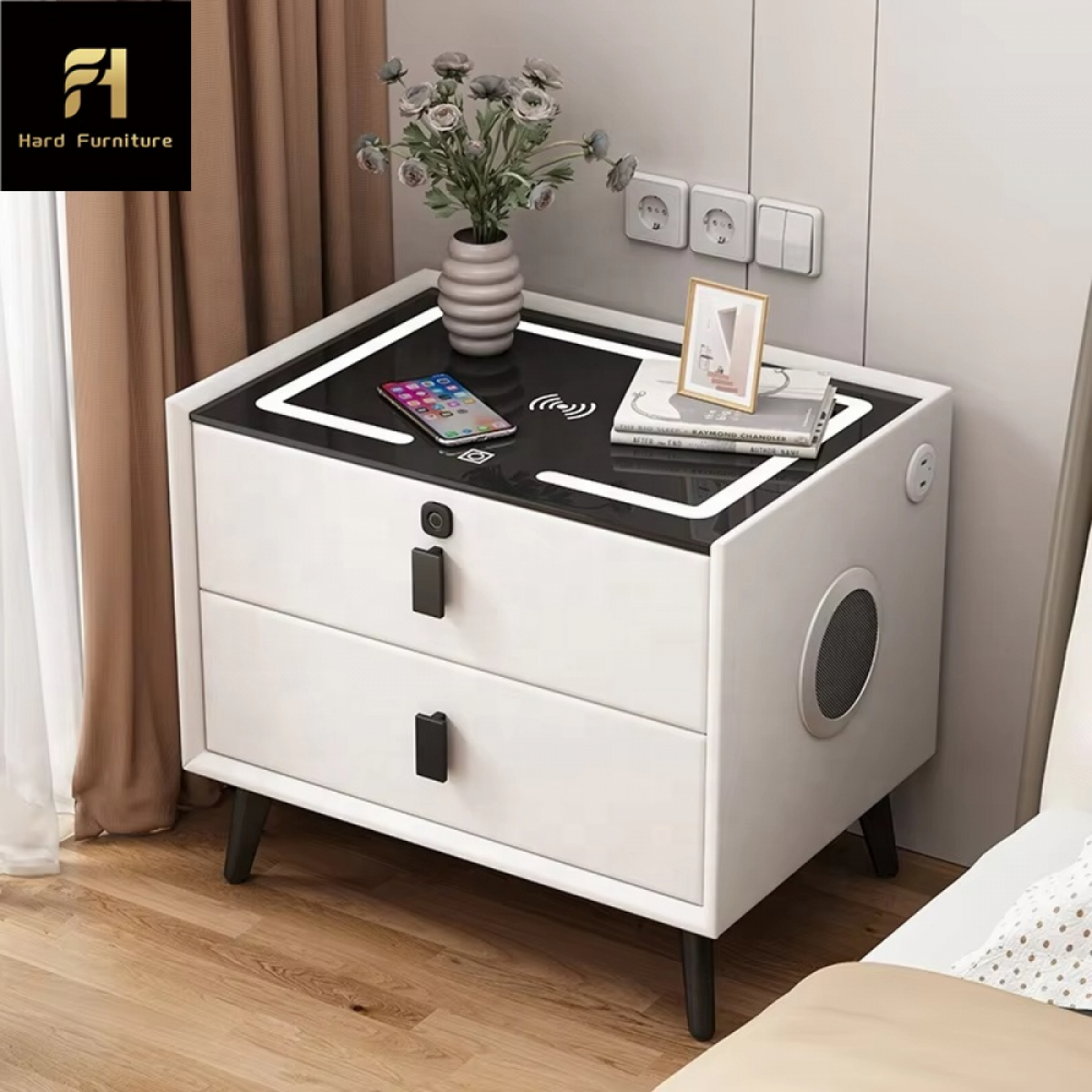 Smart Luxury Κομοδίνο με Ασύρματη Φόρτιση, Fingerprint Lock και Bluetooth Ηχεία – Λευκό