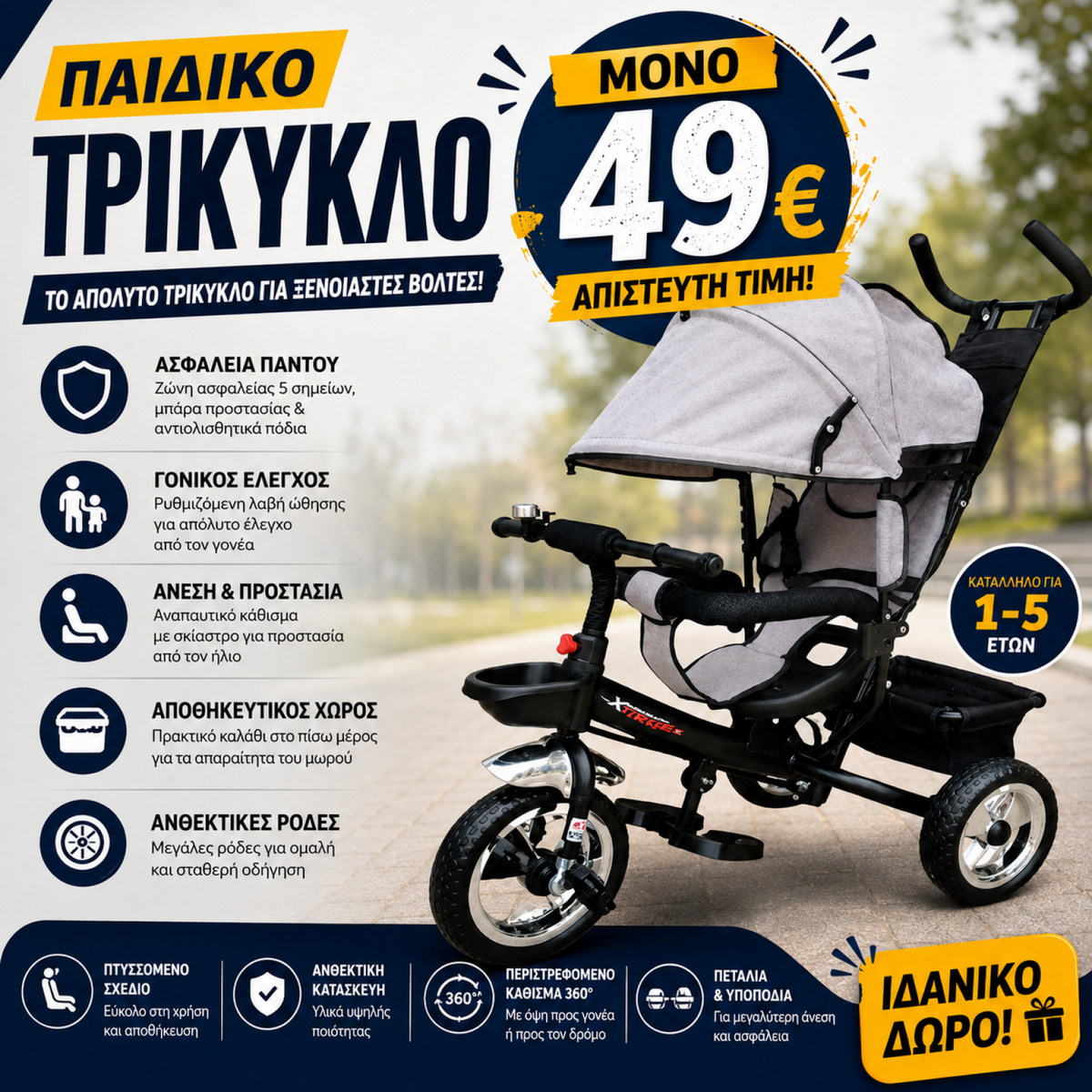 ΠΑΙΔΙΚΟ ΤΡΙΚΥΚΛΟ ΠΟΔΗΛΑΤΟ ΓΚΡΙ ΜΕ ΣΚΙΑΣΤΡΟ ΚΑΙ ΧΕΙΡΟΛΑΒΗ ΓΟΝΕΑ 1 ΕΩΣ 4 ΕΤΩΝ